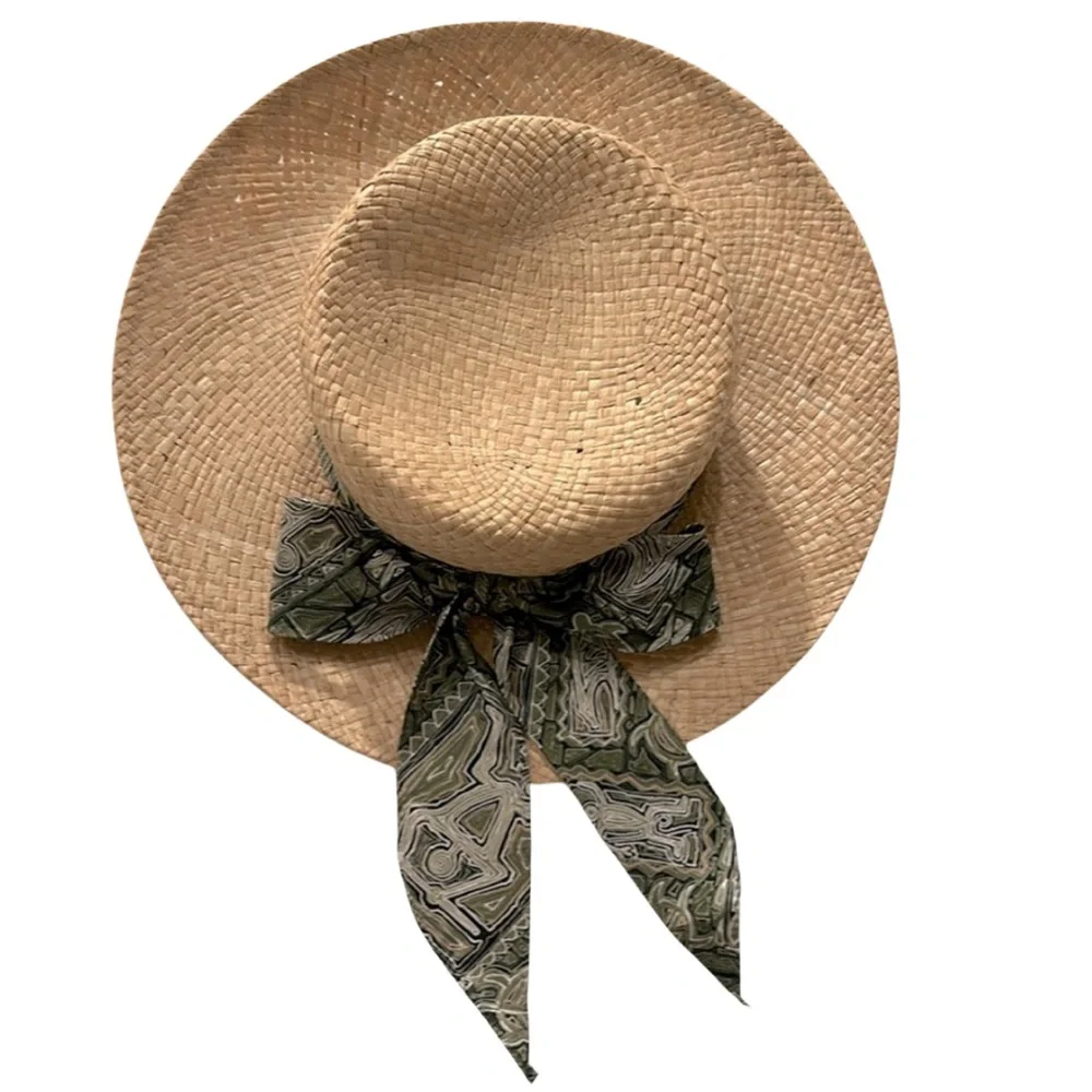 Hawaiian Headwear Straw Hat with Green Print Band & Bow